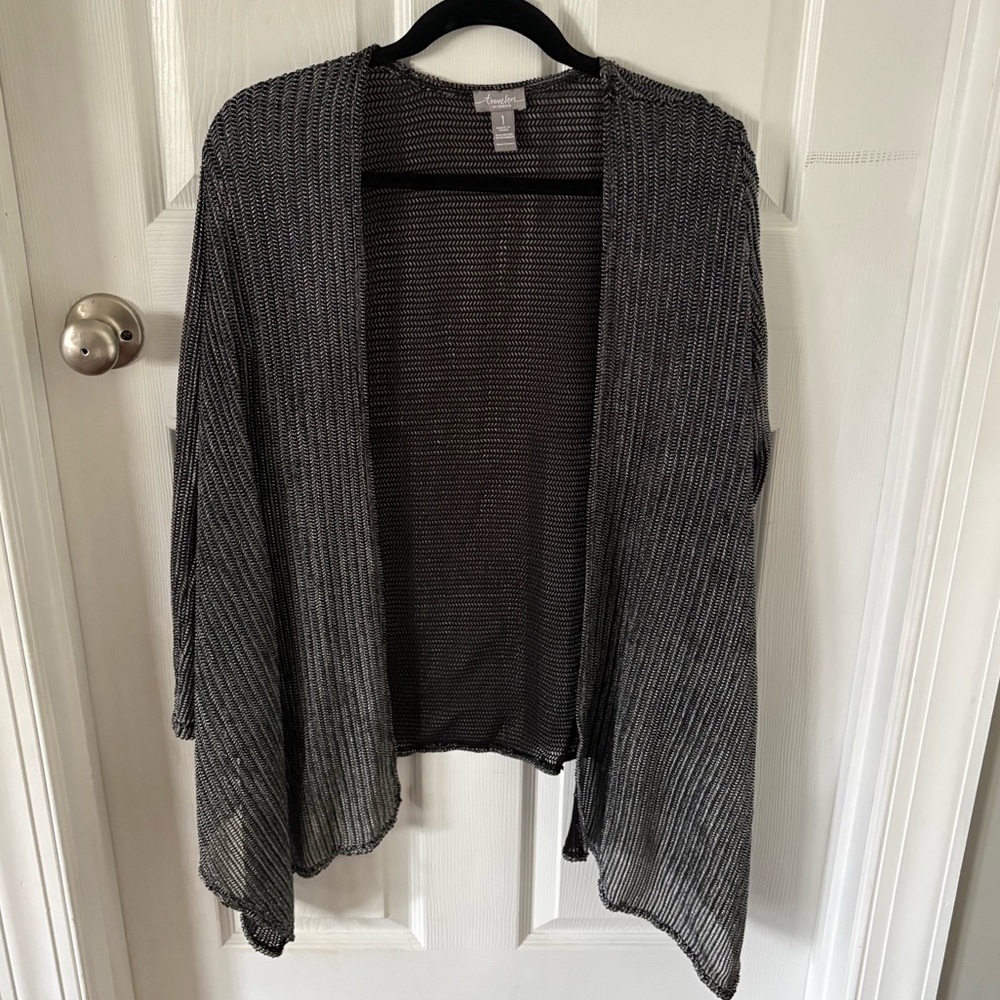 Chico’s Travelers Silver Shimmer Mesh Open Jacket Cardigan Size 1 Women’s M